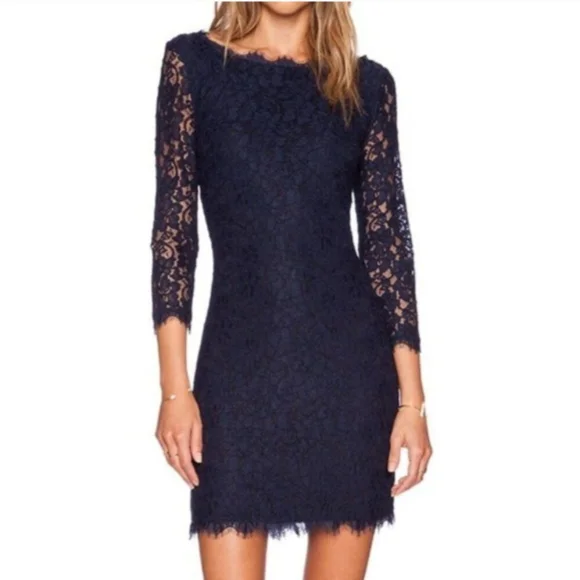 Diane von Furstenberg Size 2 Navy Blue Zarita Lace Lined Dress - Picture 1 of 8